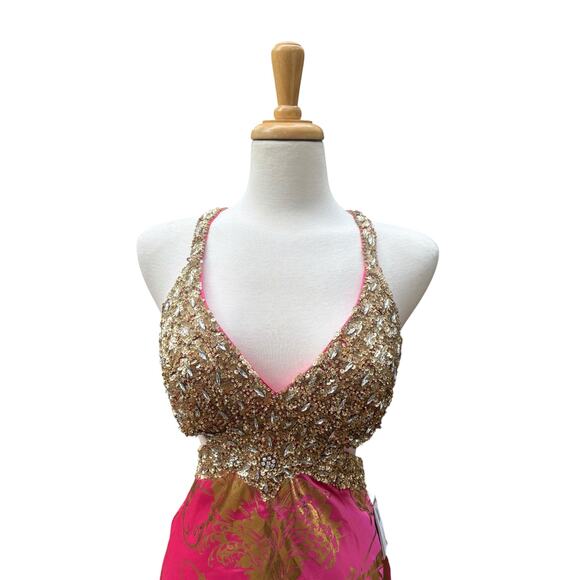 Mac Duggal Cassandra Stone Prom Dress Gown Hot Pink Gold Beaded Metallic Formal - Picture 2 of 16